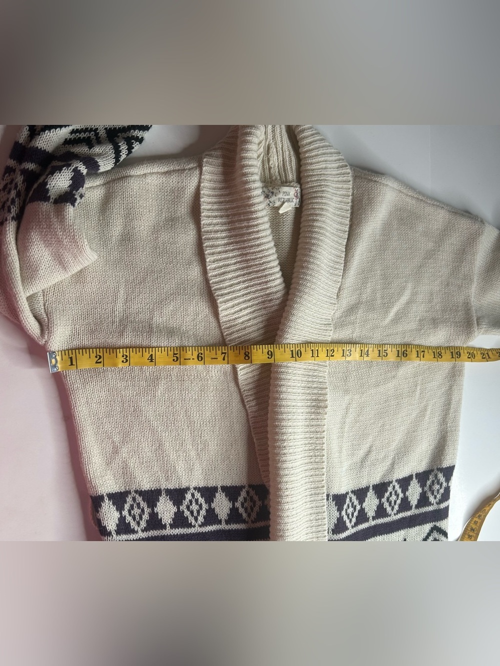 Pink Republic Ivory Open-Front Faire Isle Cardigan Geometric Trim Sz M Boho Cozy - Picture 8 of 9